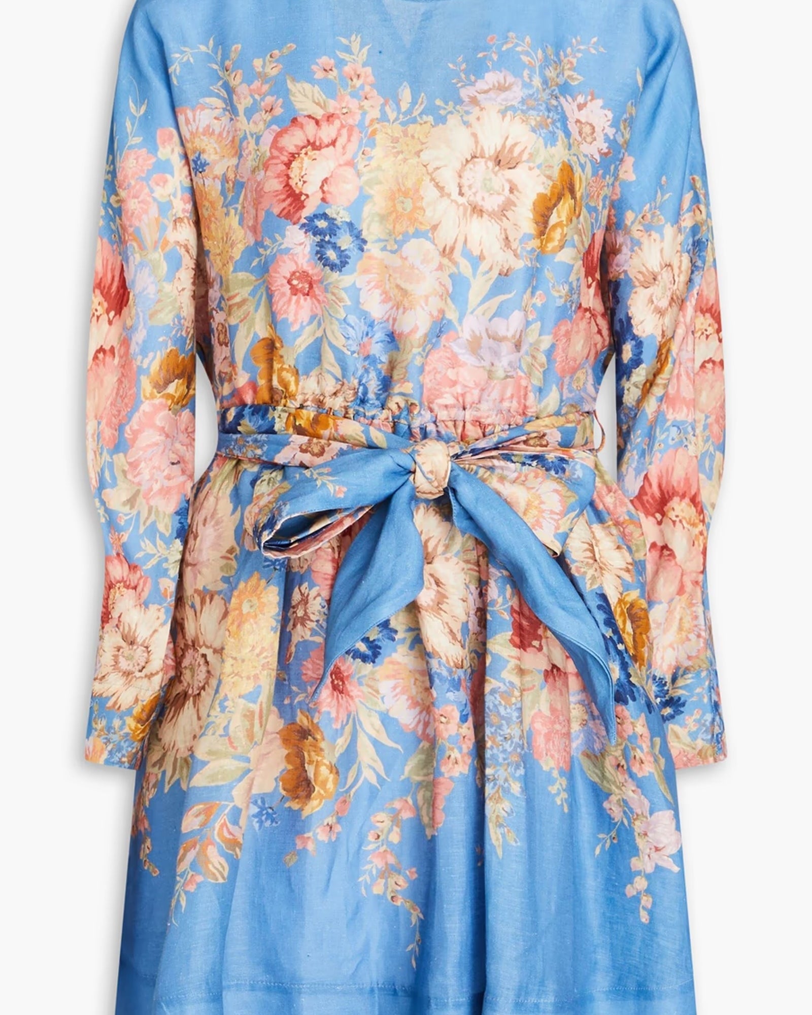 Kemerli Çiçek Desenli Keten Mini Elbise