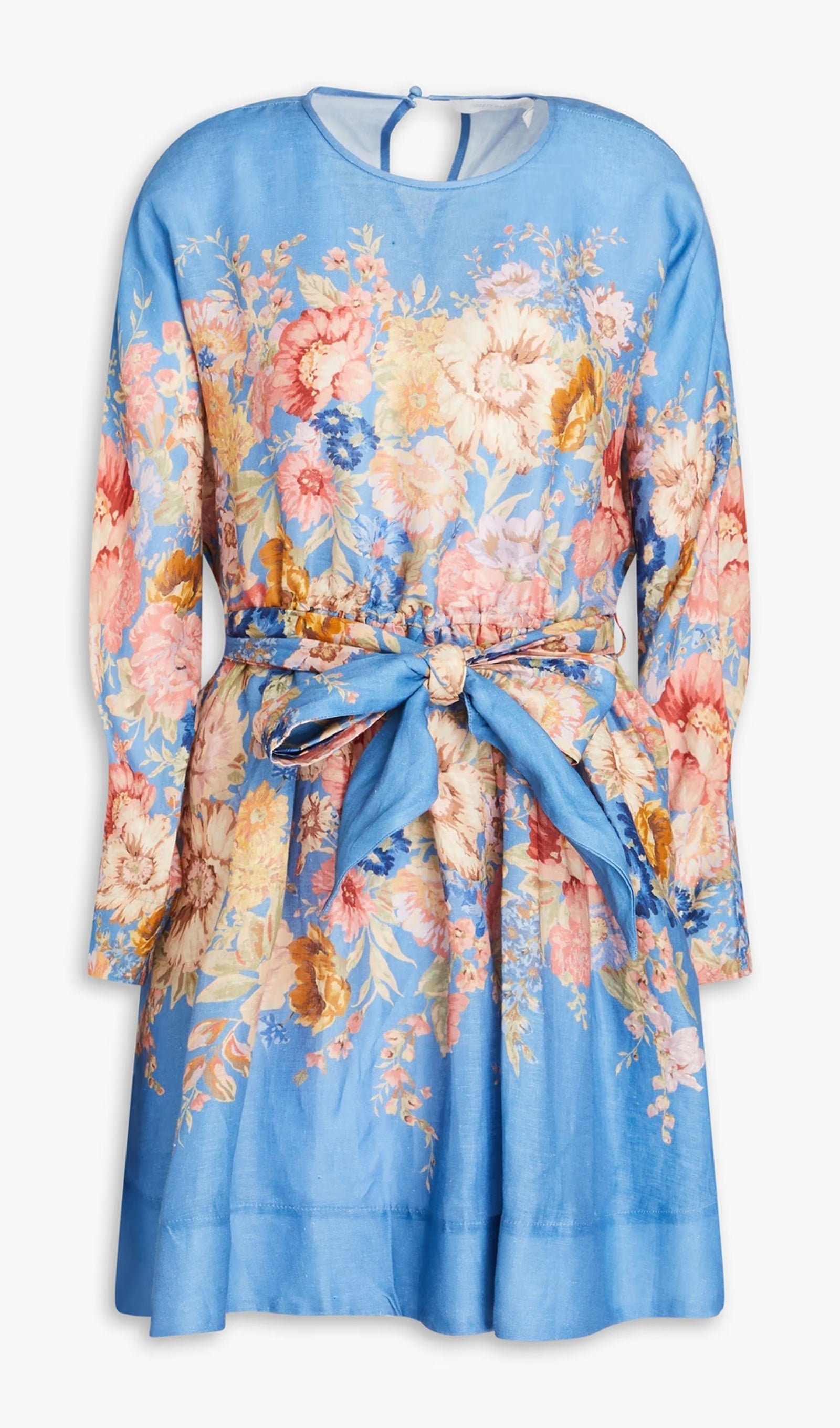 Kemerli Çiçek Desenli Keten Mini Elbise