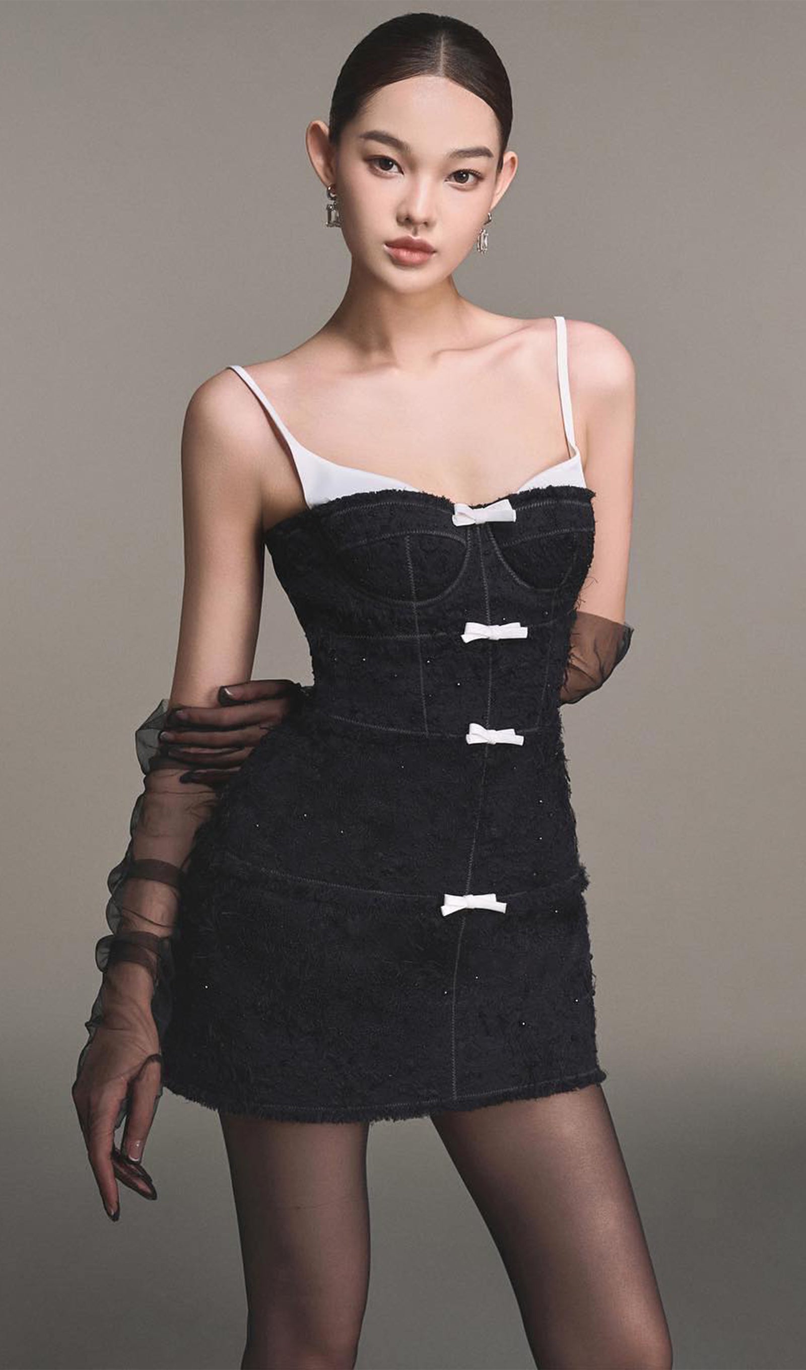 Tüylü Siyah/Beyaz Mini Elbise