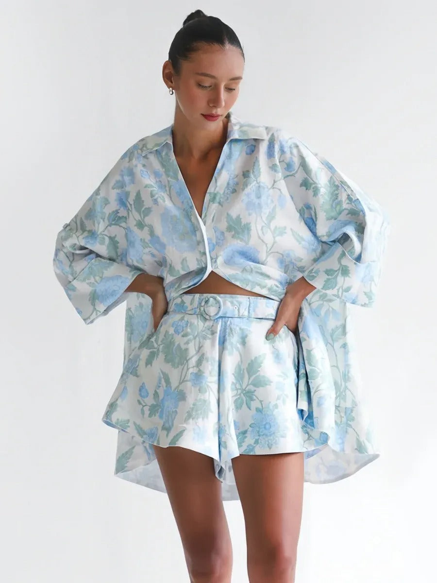 Mavi Çiçekli Kemerli Şort Takımı