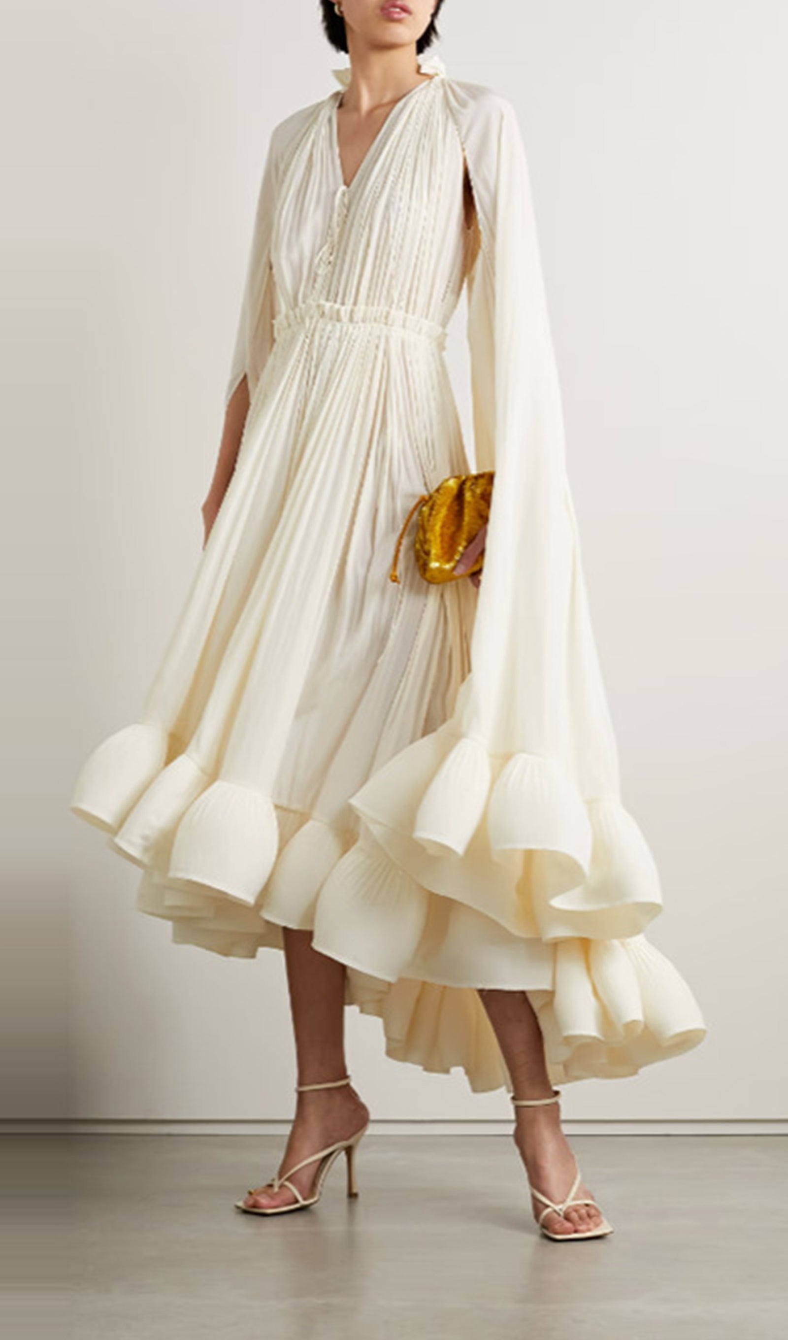 Pelerin Kollu Pileli Bol Midi Elbise