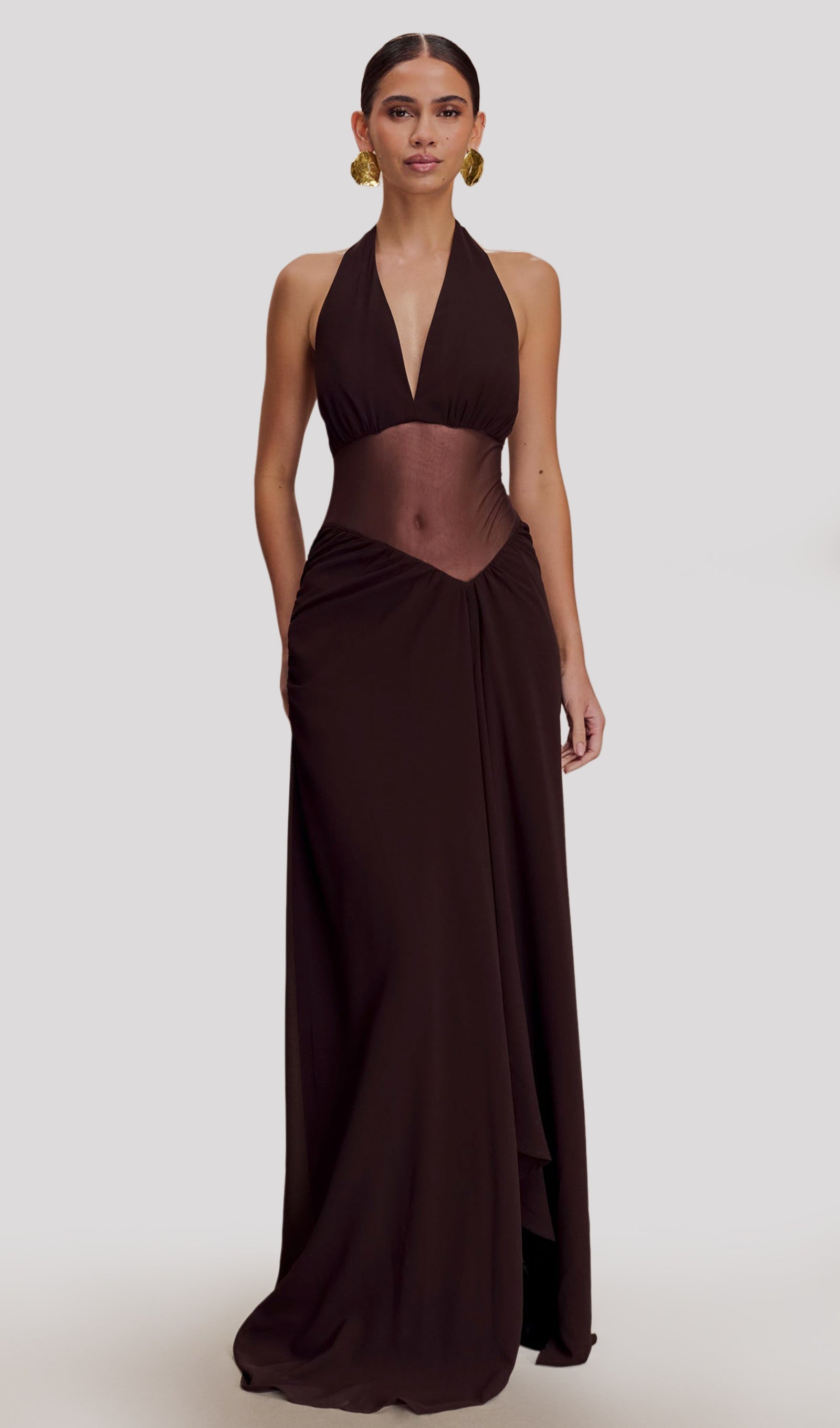 Koyu Çikolata Rengi Şifon Ve File Uzun Elbise