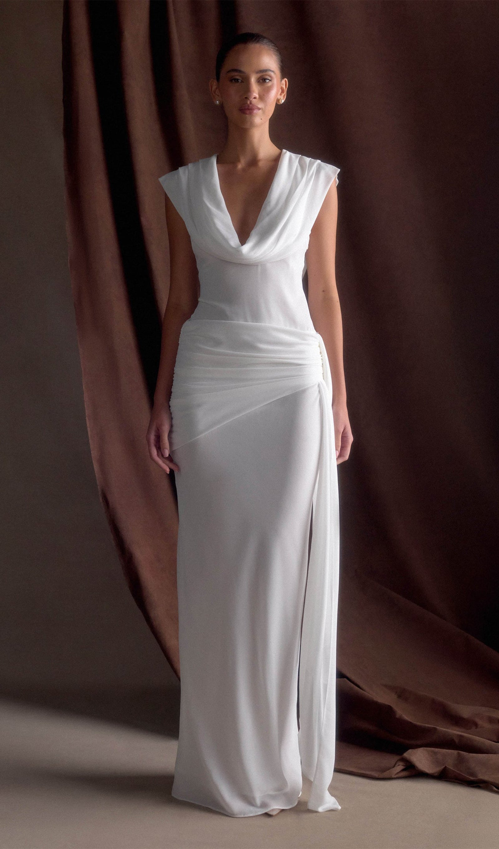 Şifon Drapeli Uzun Elbise