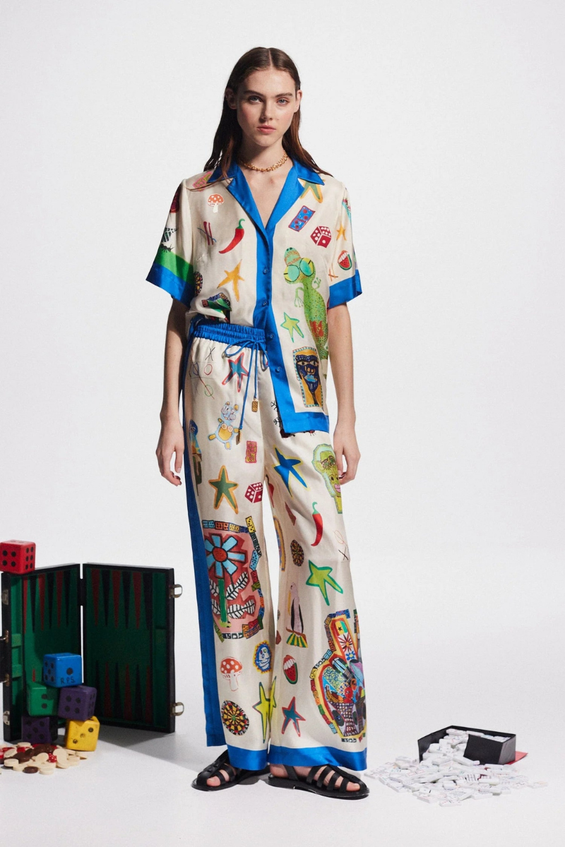 Patchwork V Yakalı Pantolon Takımı