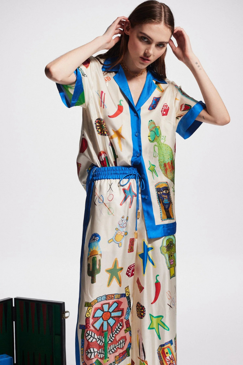 Patchwork V Yakalı Pantolon Takımı