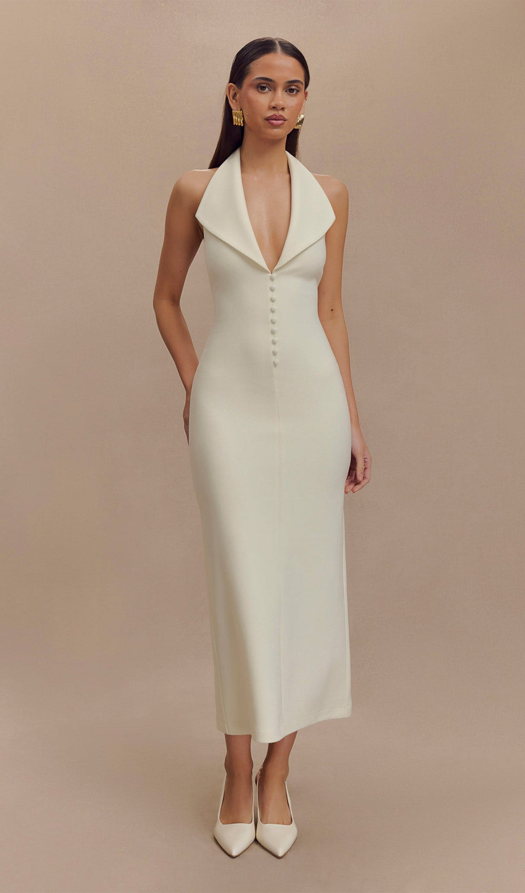 Fildişi Krep Askılı Midi Elbise