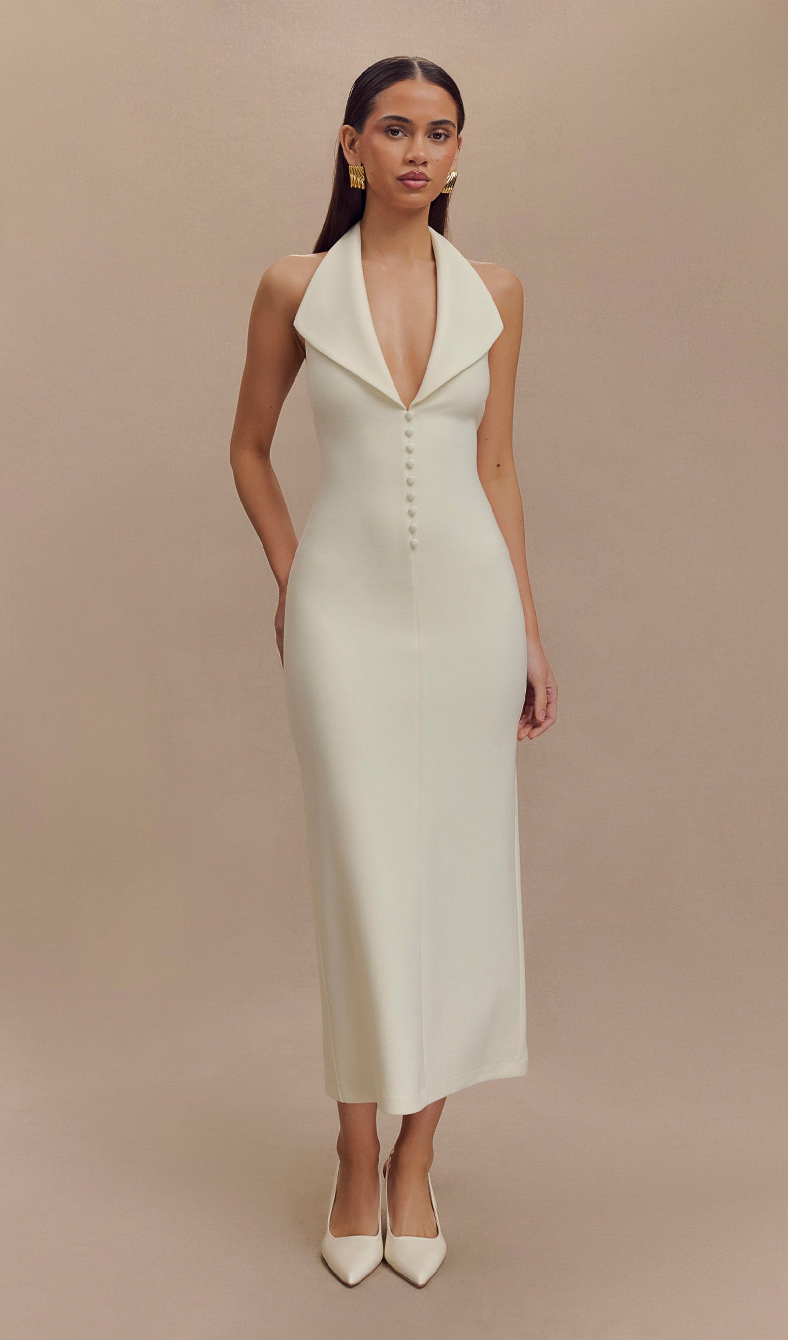 Fildişi Krep Askılı Midi Elbise