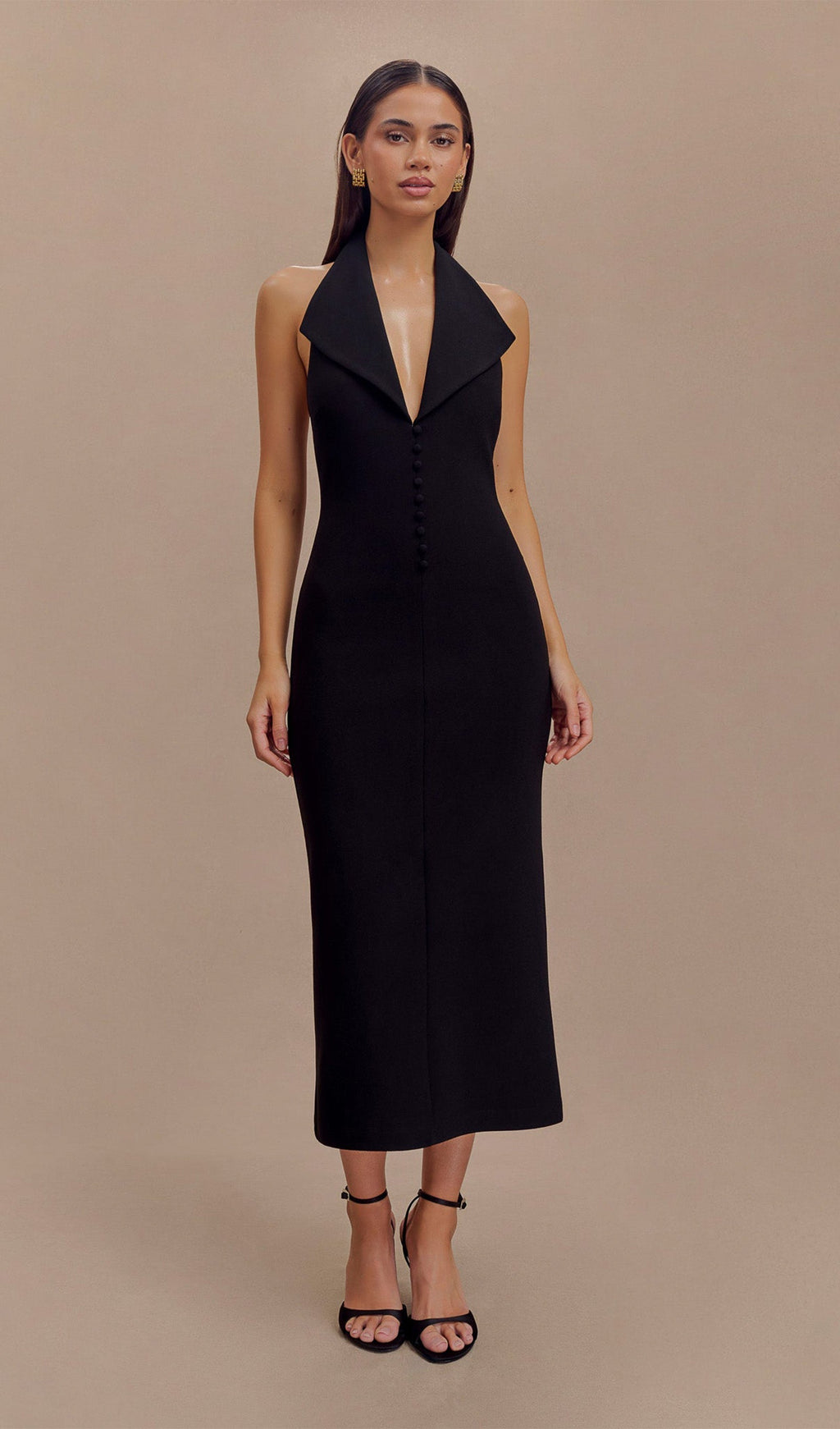 Siyah Krep Askılı Midi Elbise