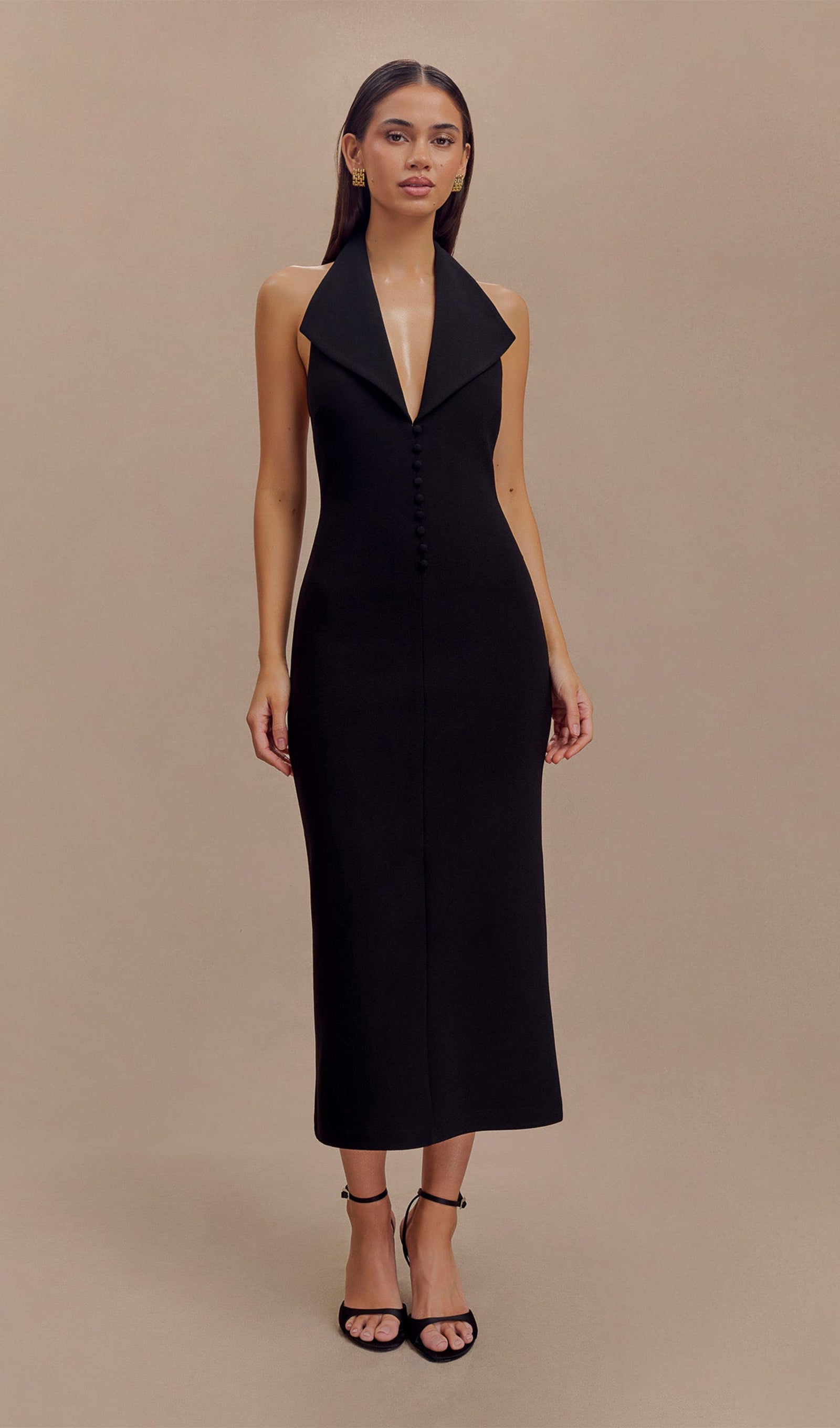 Siyah Krep Askılı Midi Elbise