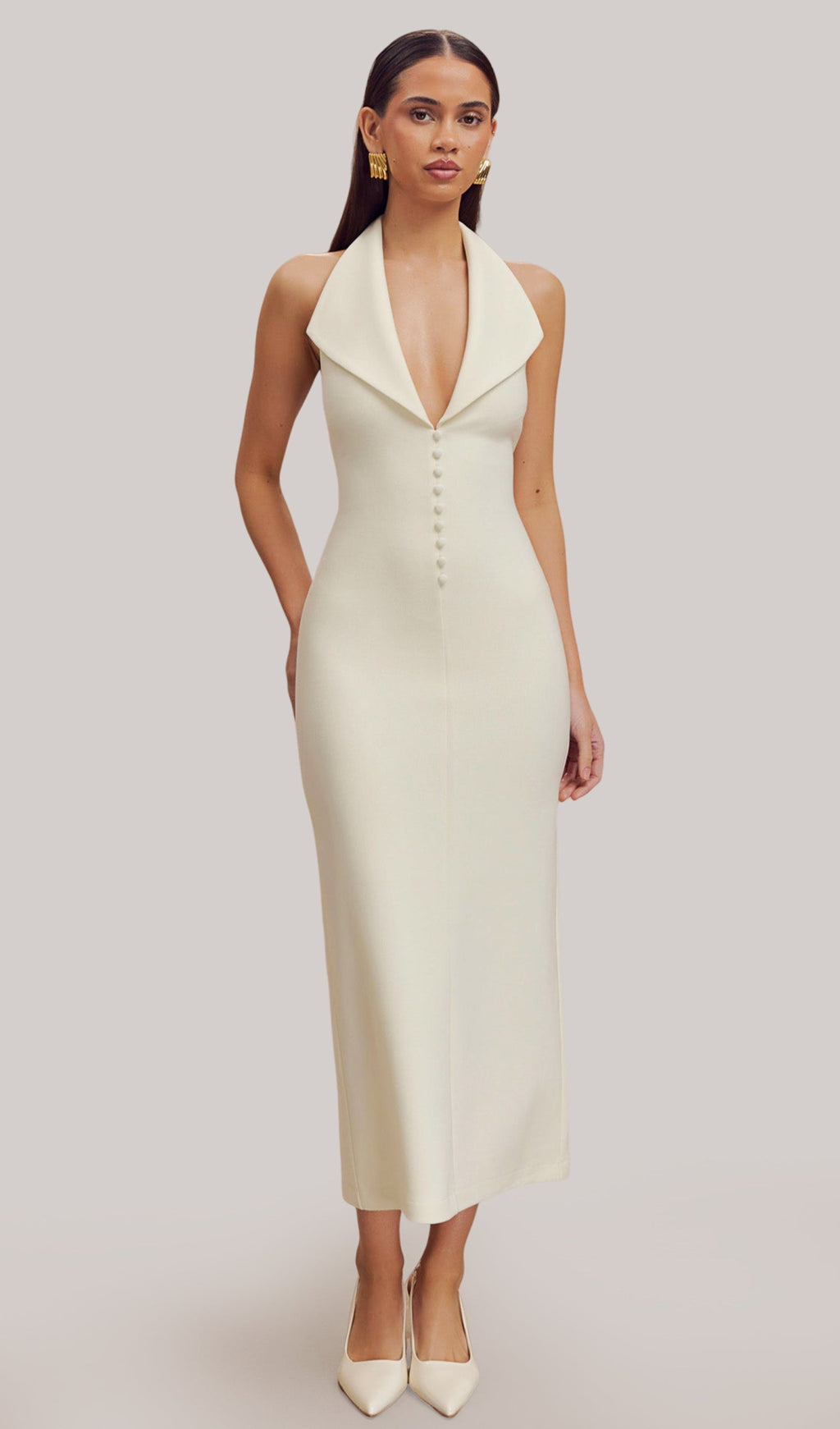 Fildişi Krep Askılı Midi Elbise