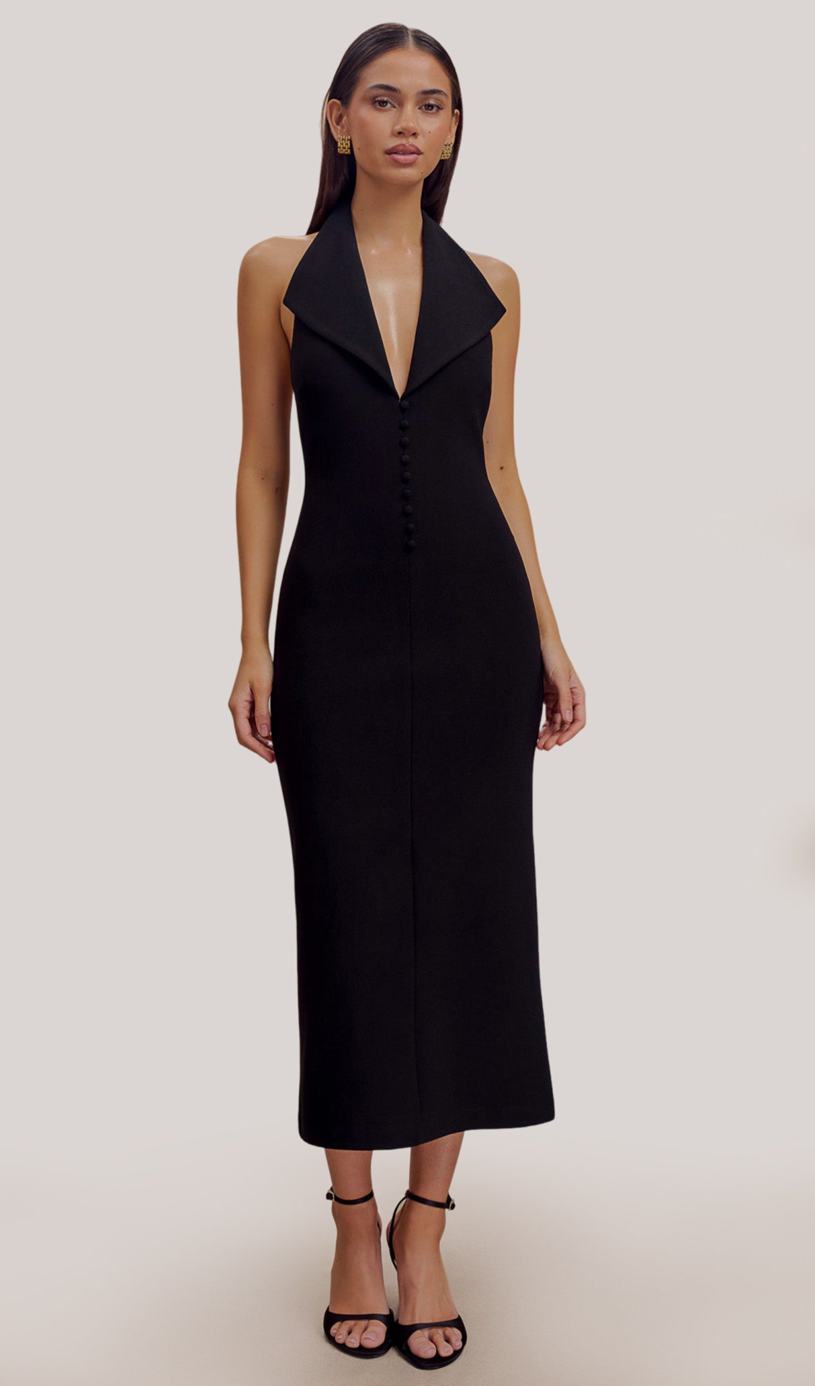 Siyah Krep Askılı Midi Elbise