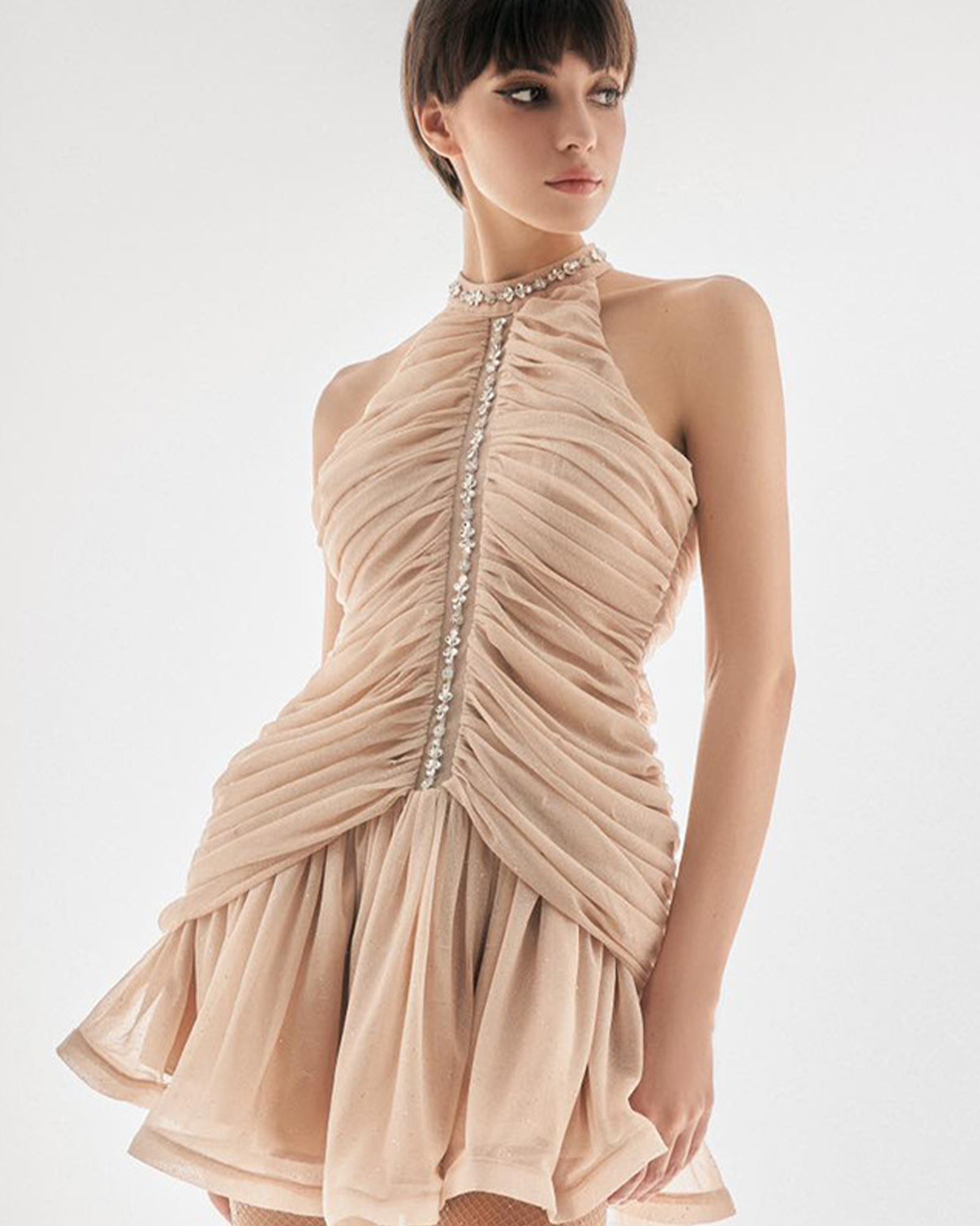 Süslemeli Büzgülü Mini Elbise