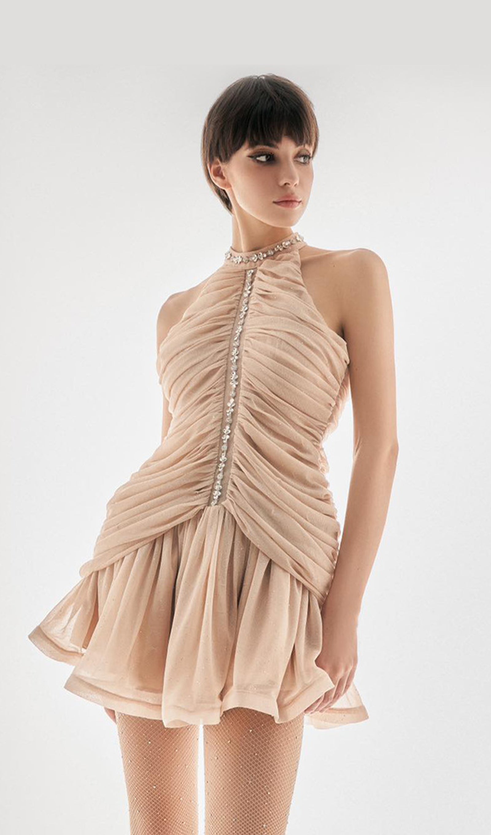 Süslemeli Büzgülü Mini Elbise