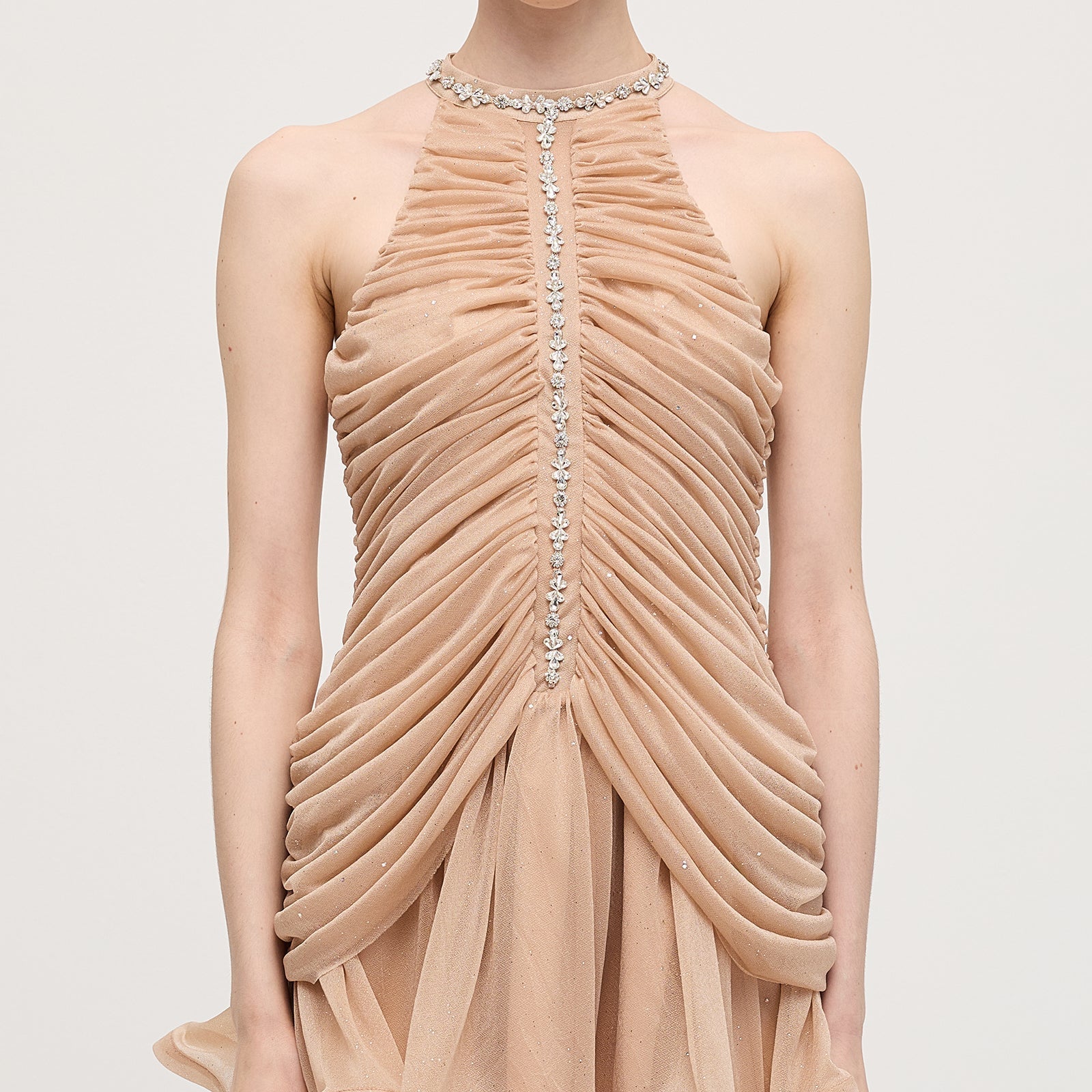 Kayısı Rengi Süslemeli Büzgülü Mini Elbise