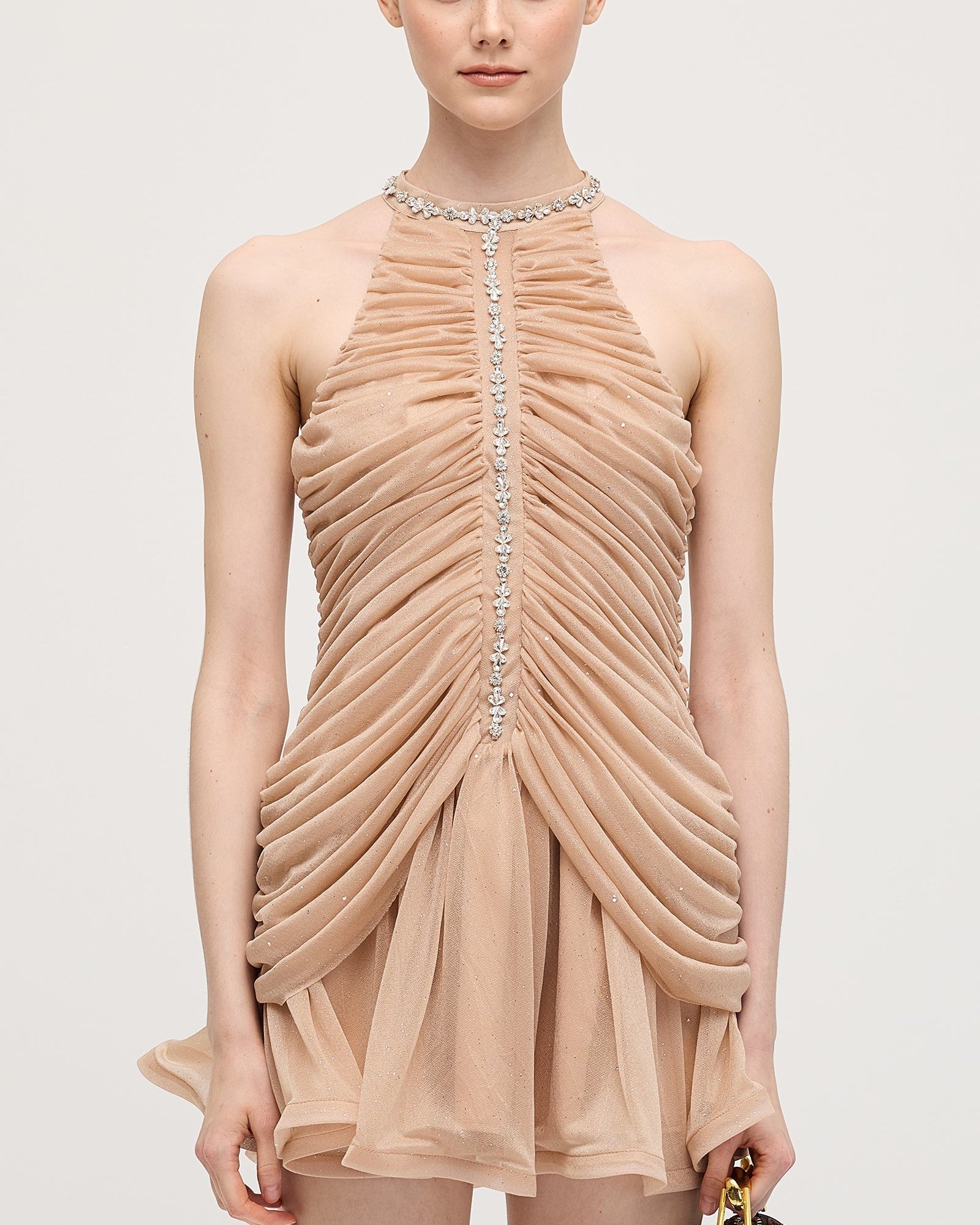 Kayısı Rengi Süslemeli Büzgülü Mini Elbise