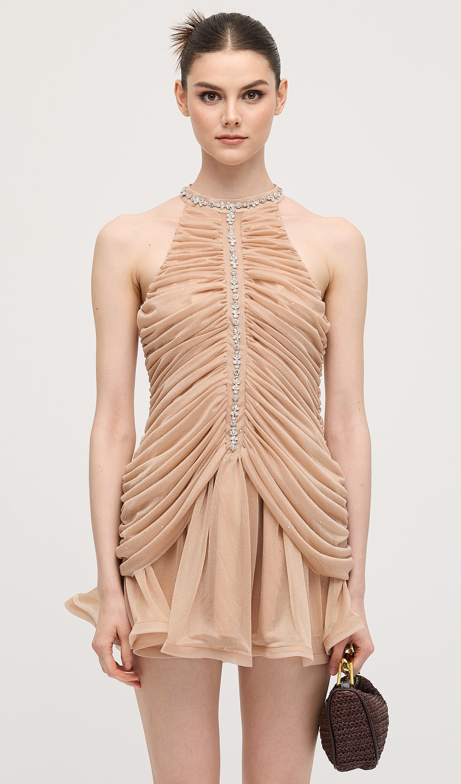 Kayısı Rengi Süslemeli Büzgülü Mini Elbise