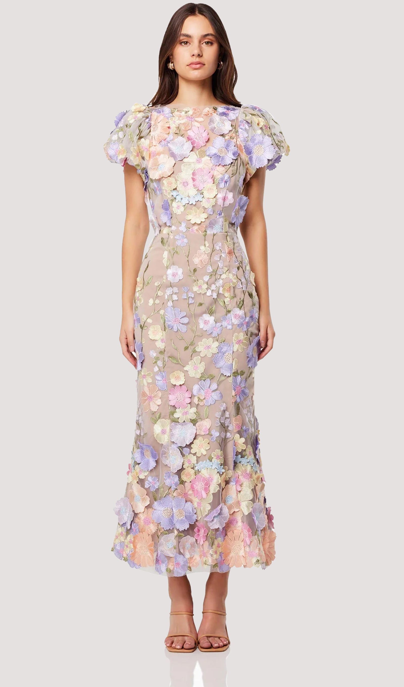 Mor Renkli Çiçekli 3D Dantel Midi Elbise