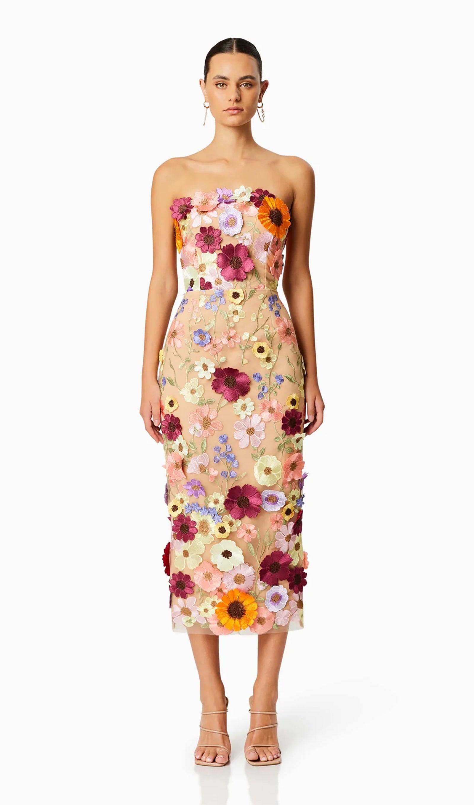 Çiçek İşlemeli Kolsuz Midi Elbise