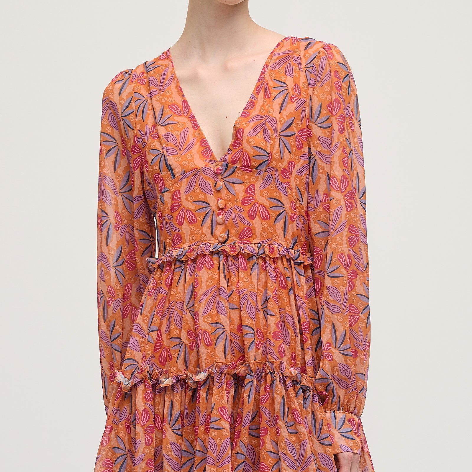 Çiçek Desenli V Yaka Fener Kollu Mini Elbise