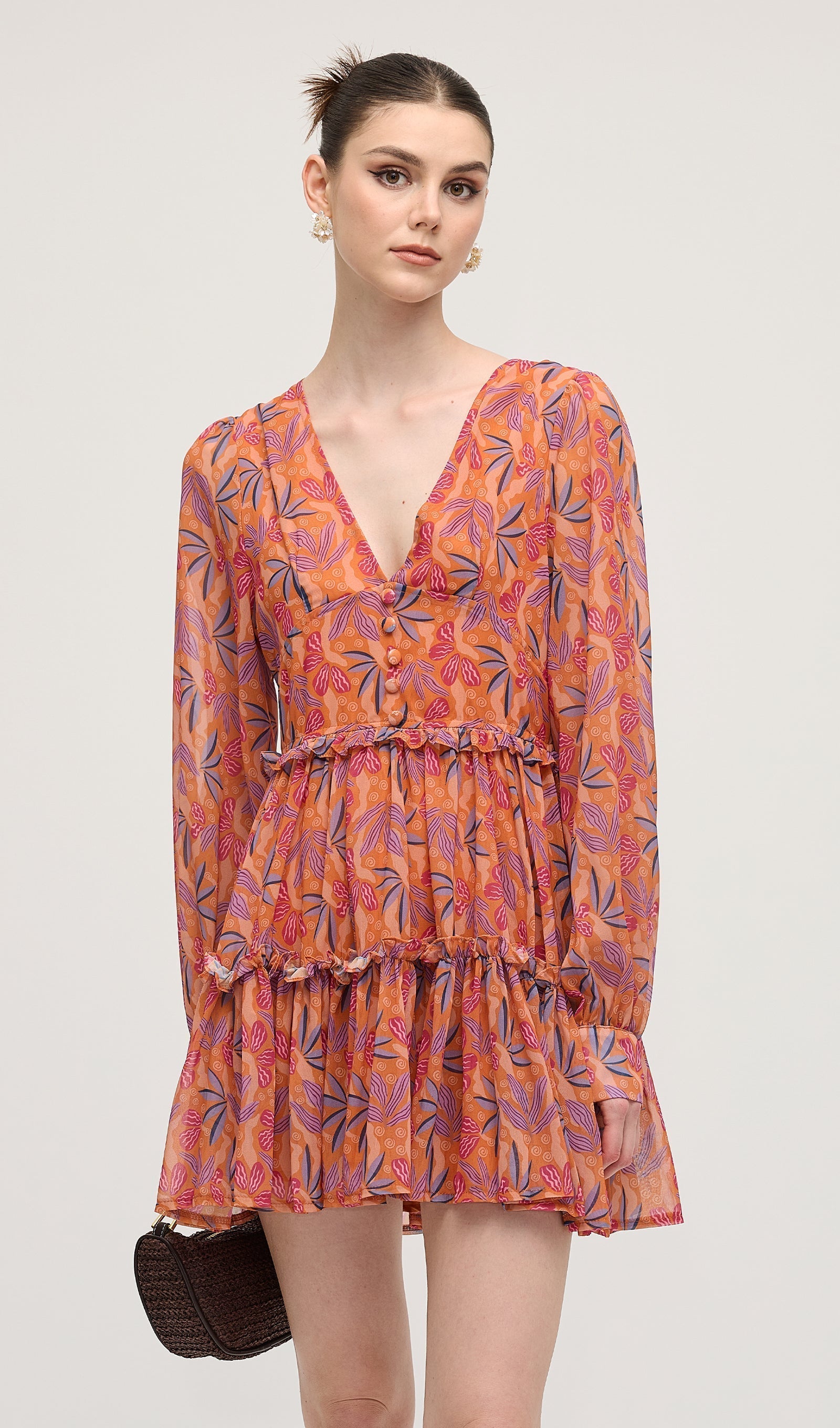 Çiçek Desenli V Yaka Fener Kollu Mini Elbise