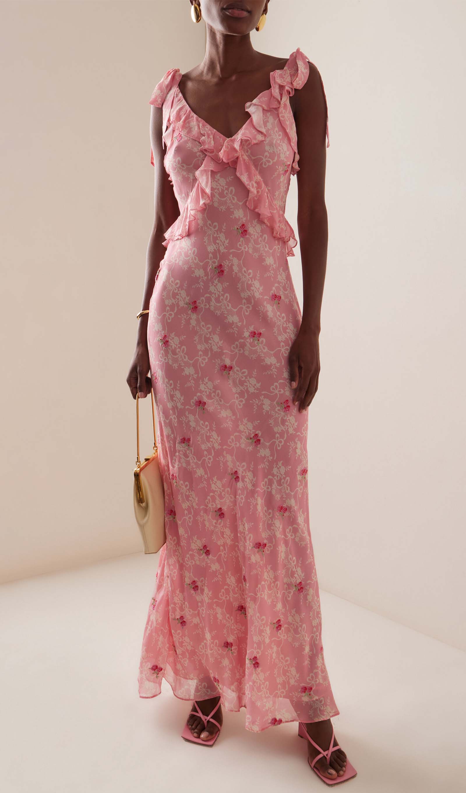 Çiçekli Volanlı File Uzun Elbise