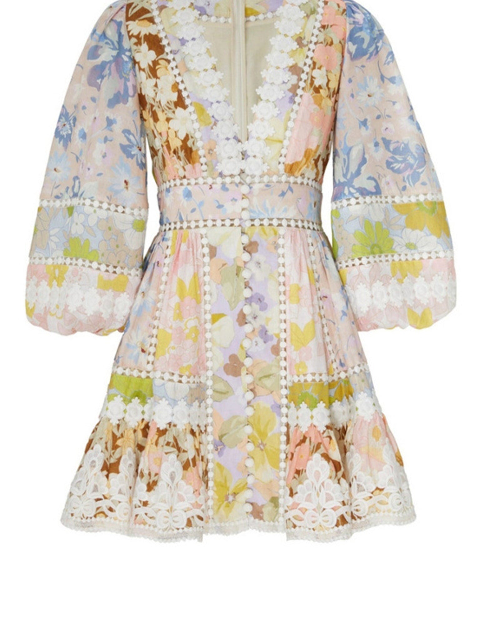 Çiçekli V Yakalı Puf Kollu Mini Elbise