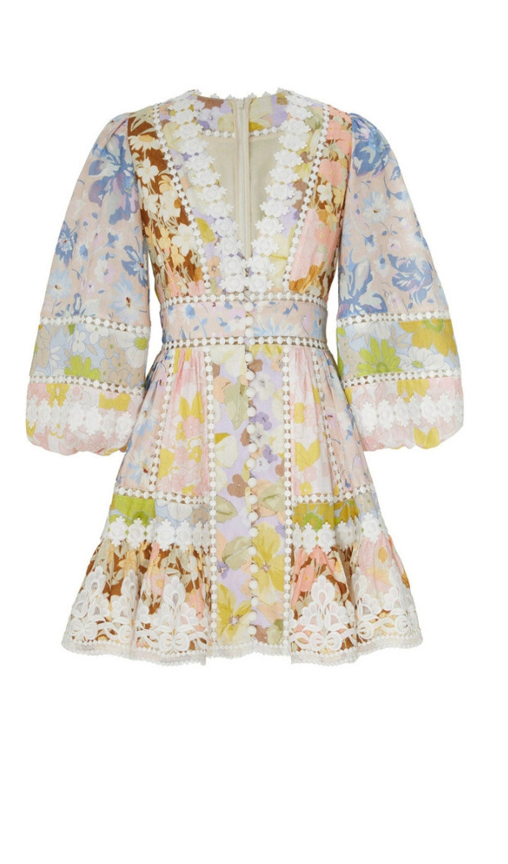 Çiçekli V Yakalı Puf Kollu Mini Elbise