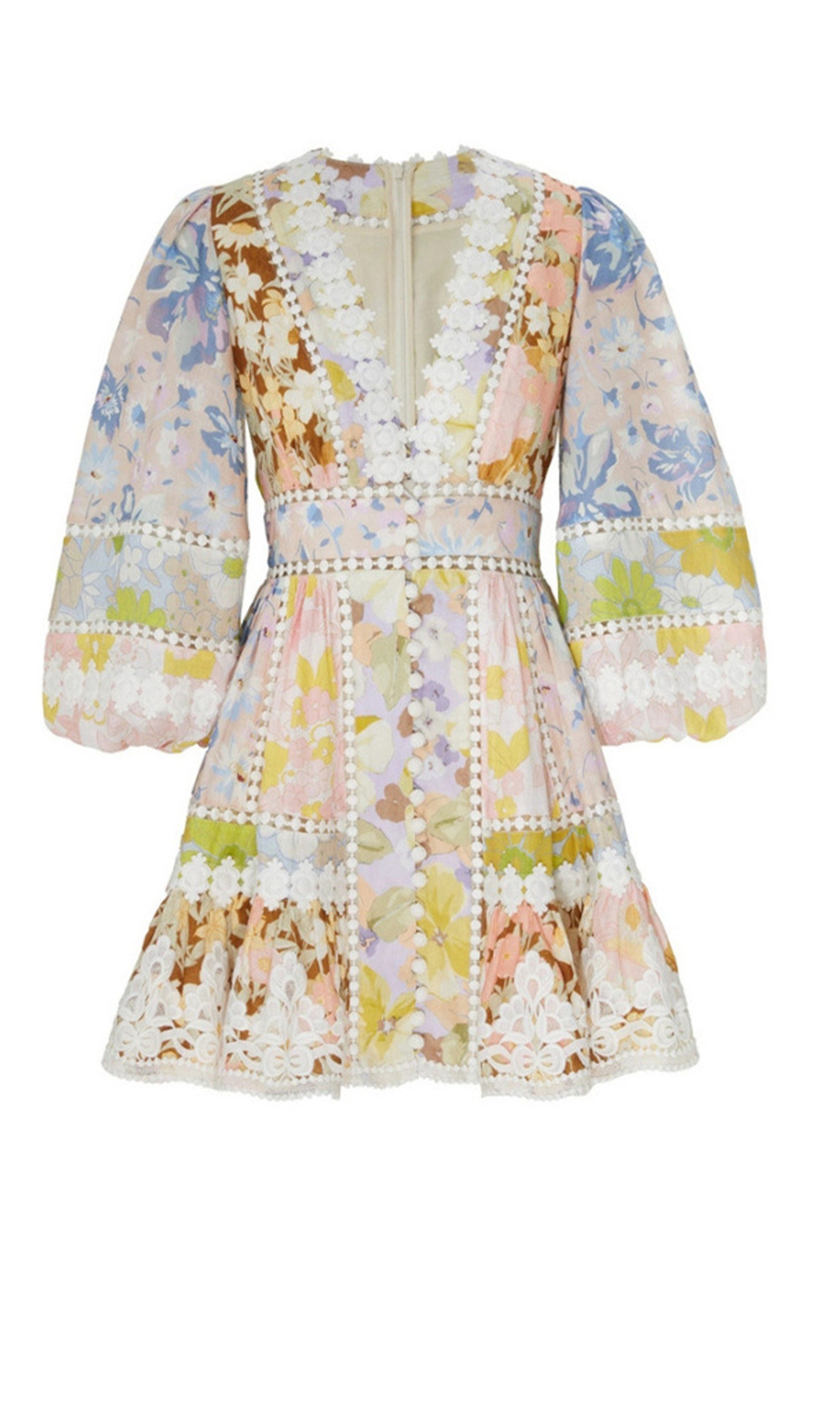 Çiçekli V Yakalı Puf Kollu Mini Elbise