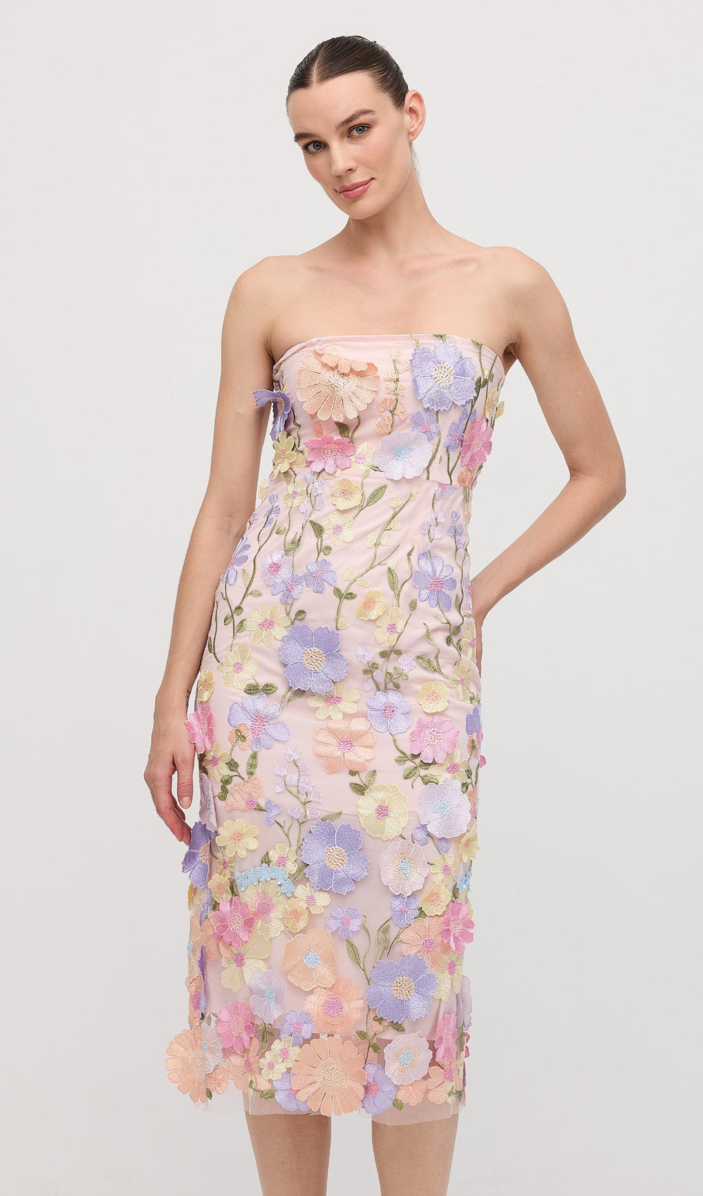 Mor Çiçek Desenli Kolsuz Midi Elbise