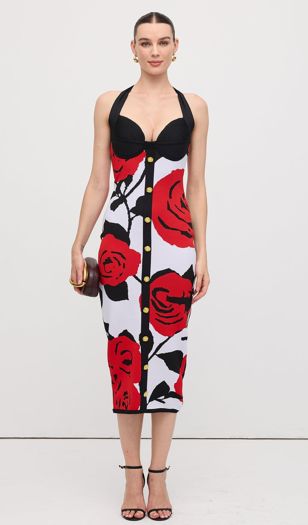 Çiçekli Jakarlı Örgü Midi Elbise