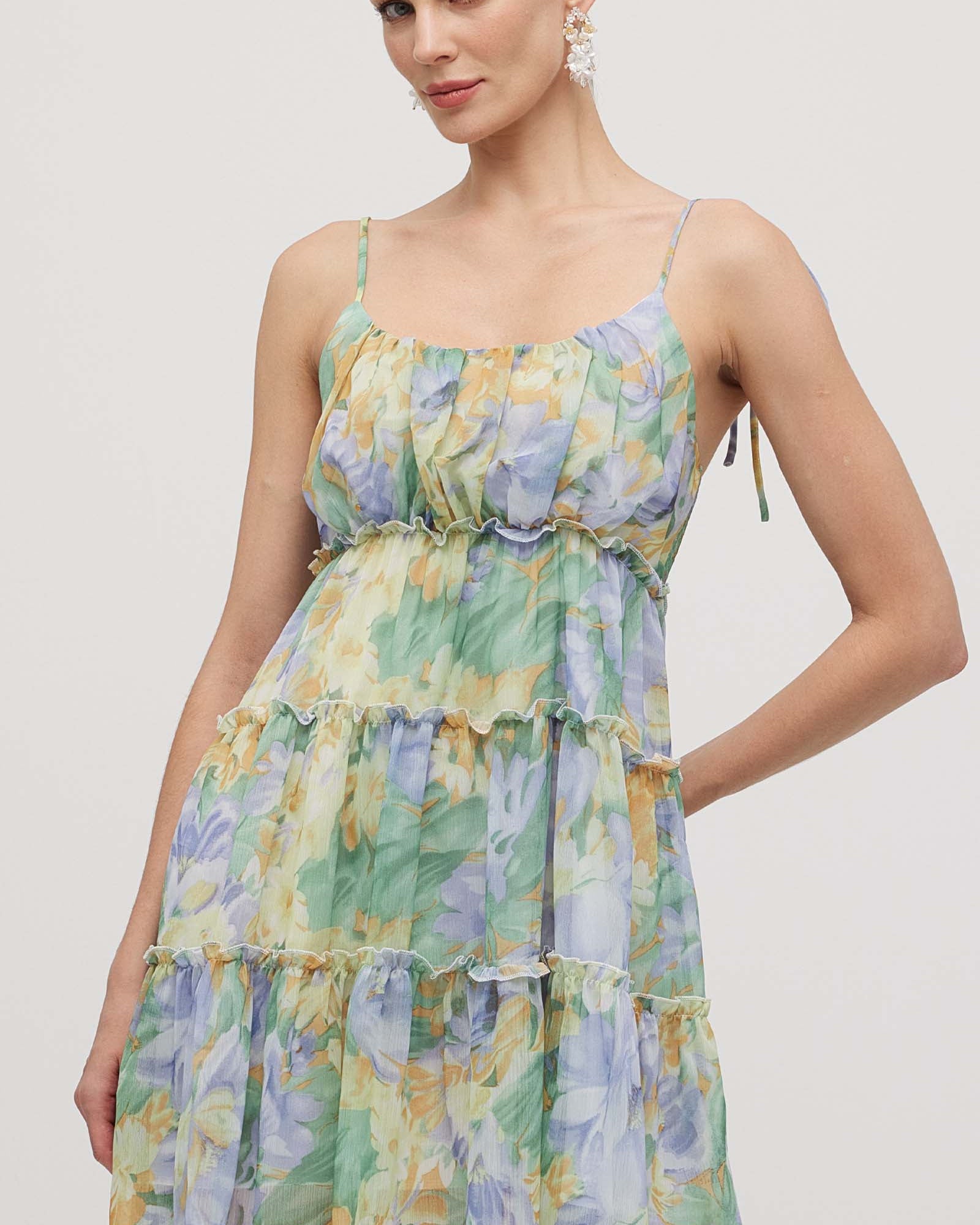 Çiçek Baskılı Fırfırlı Mini Elbise