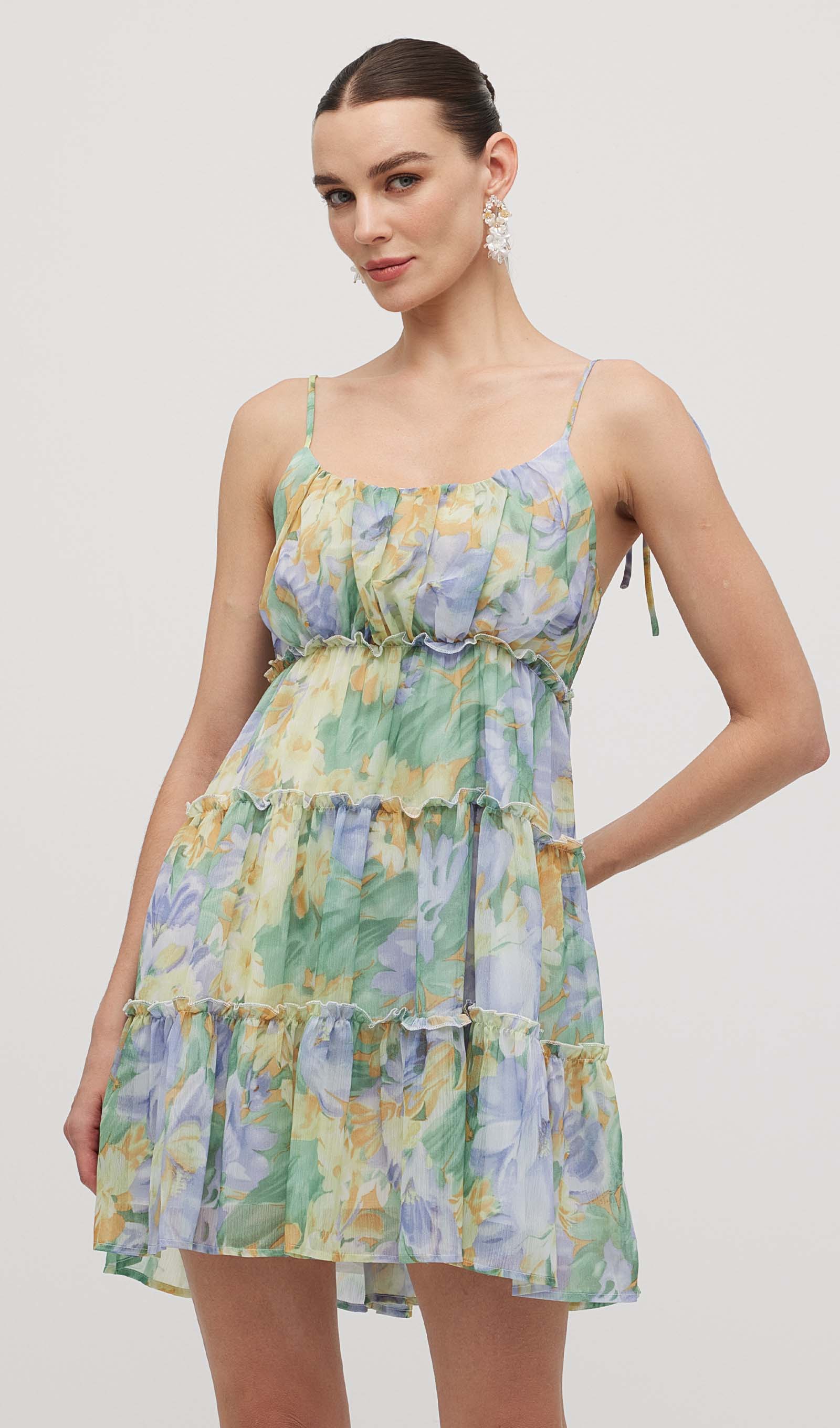 Çiçek Baskılı Fırfırlı Mini Elbise