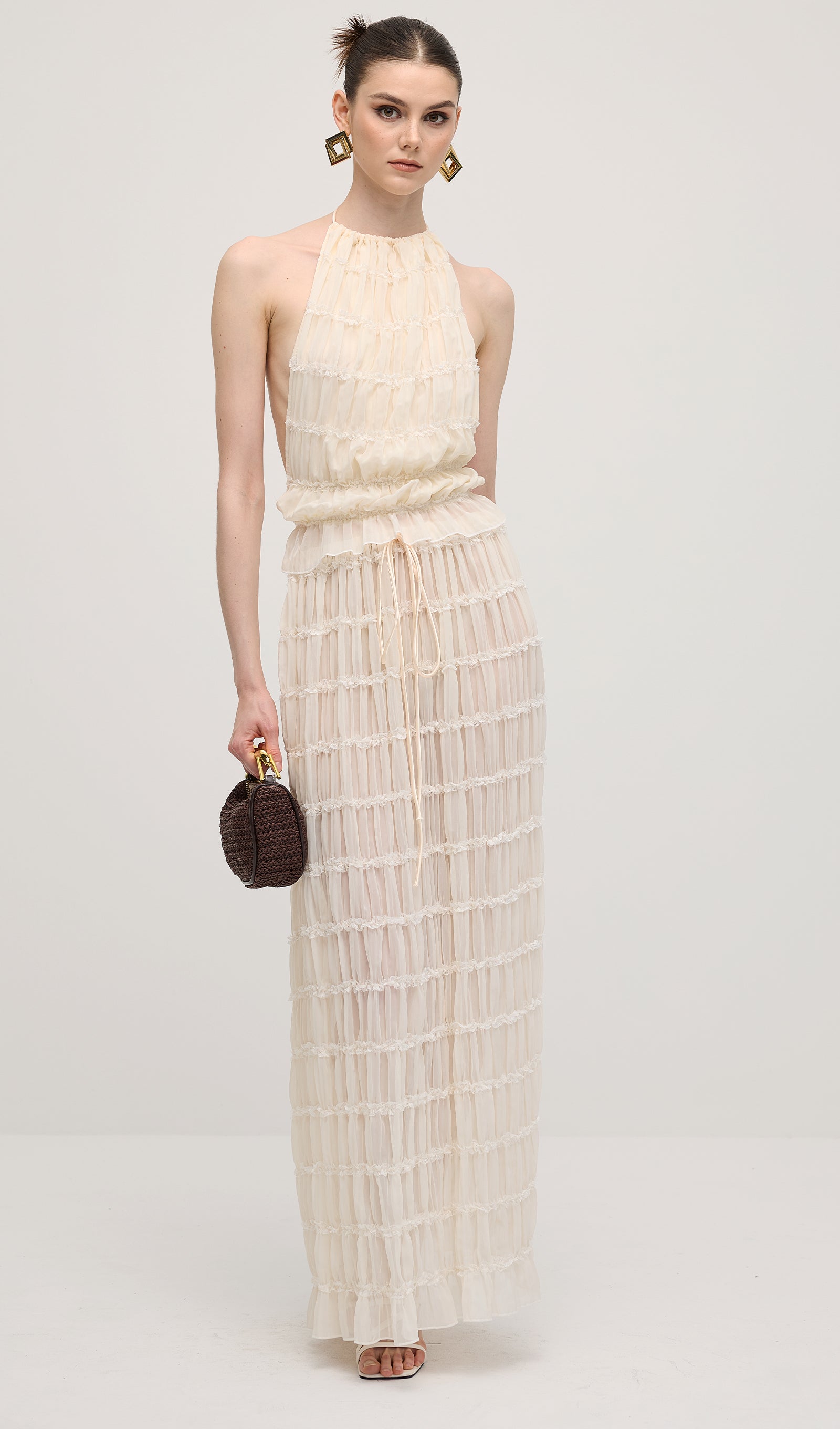 Beyaz Askılı Üst Ve Büzgülü Detaylı Uzun Etek Takımları