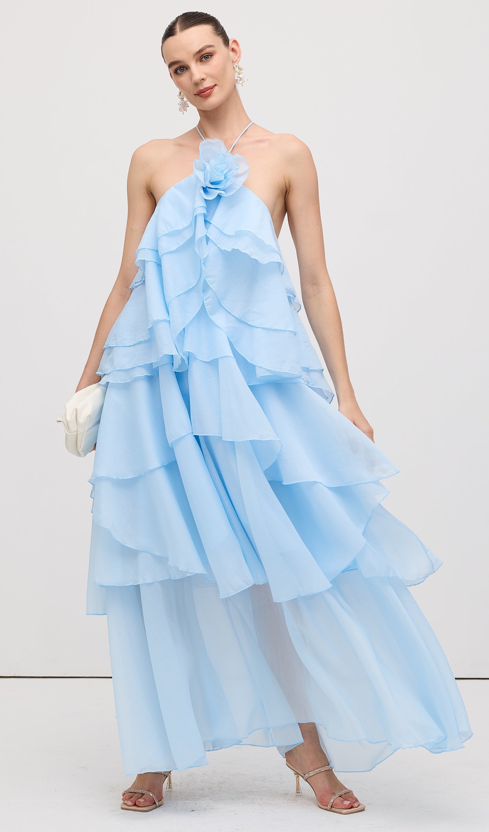 Askılı Katmanlı Uzun Elbise Mavi