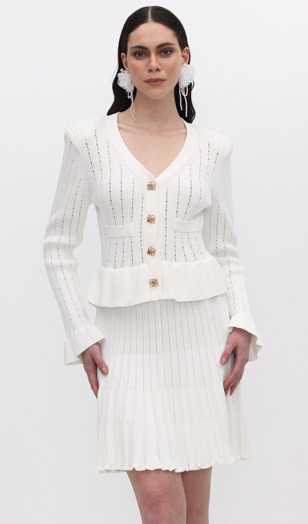 İçi Boş Volanlı Örgü Mini Elbise