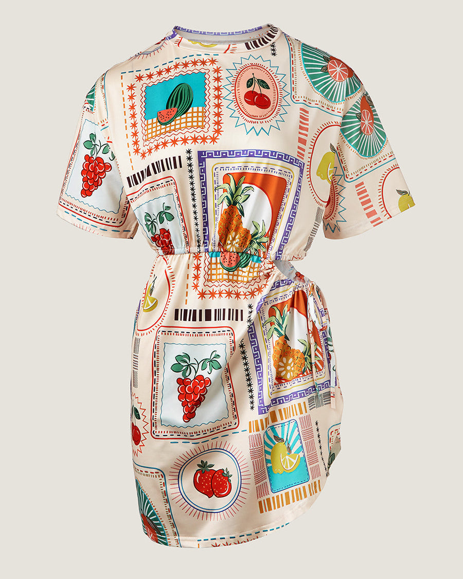Meyve Baskılı Kısa Kollu Kesik Mini Elbise