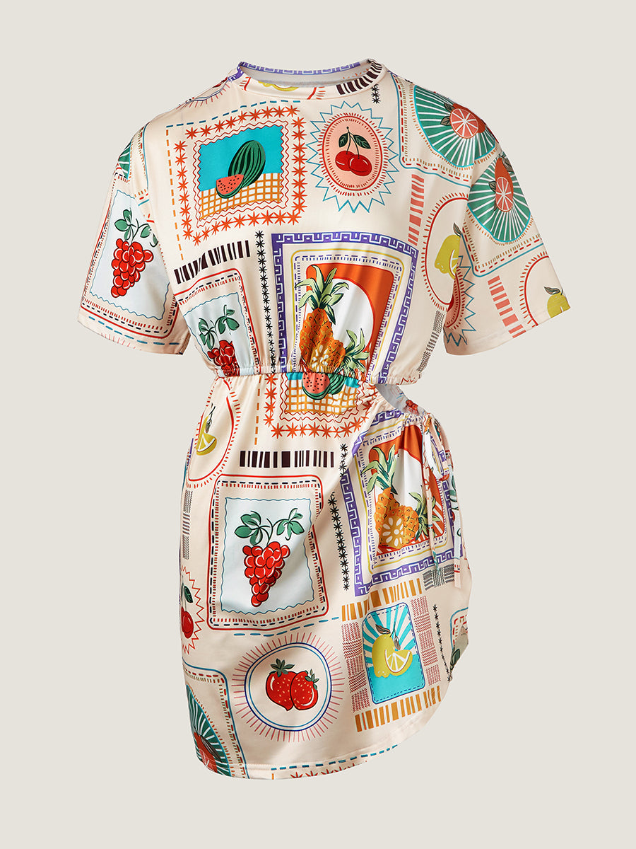 Meyve Baskılı Kısa Kollu Kesik Mini Elbise