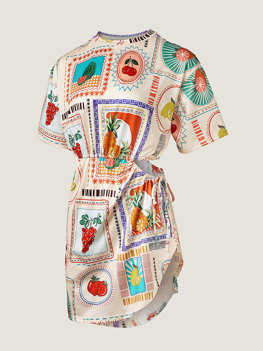 Meyve Baskılı Kısa Kollu Kesik Mini Elbise
