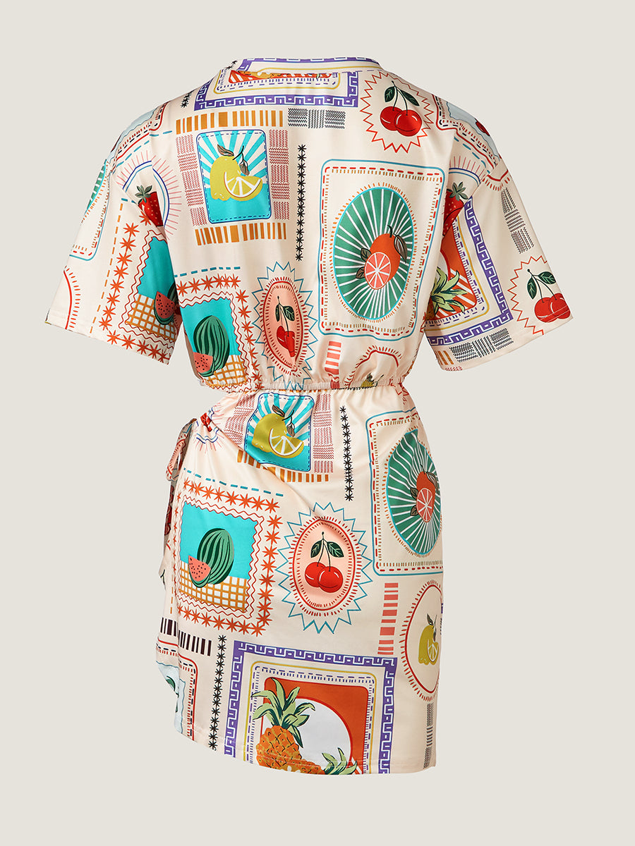 Meyve Baskılı Kısa Kollu Kesik Mini Elbise