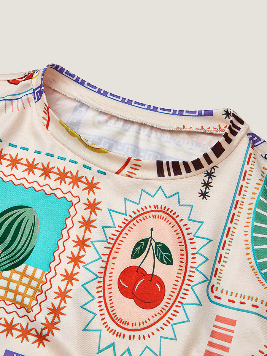 Meyve Baskılı Kısa Kollu Kesik Mini Elbise