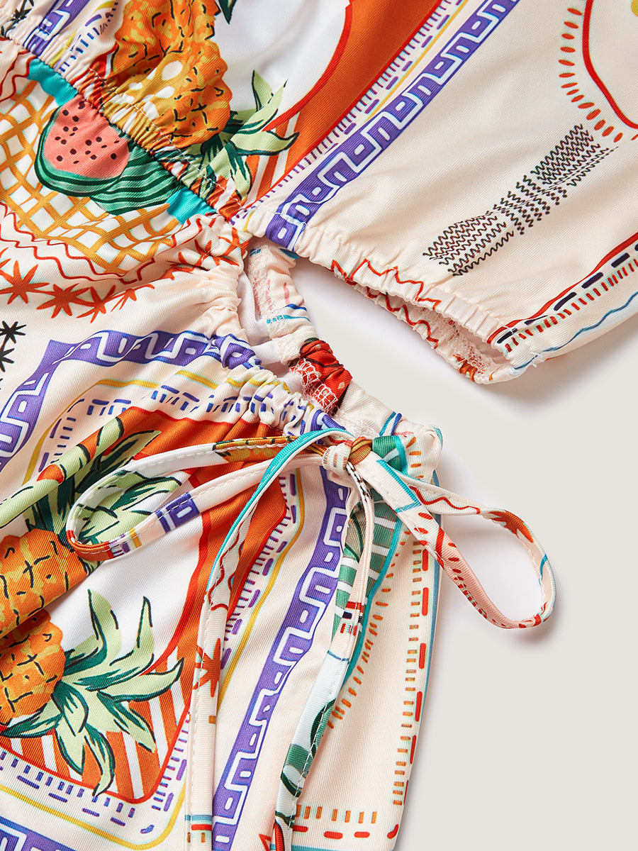 Meyve Baskılı Kısa Kollu Kesik Mini Elbise