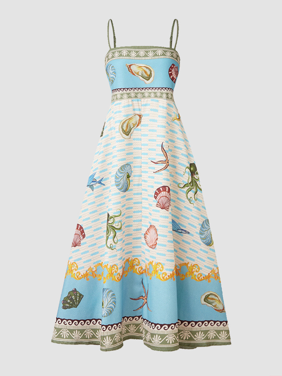Deniz Yaratıkları Desenli İnce Askılı Midi Elbise