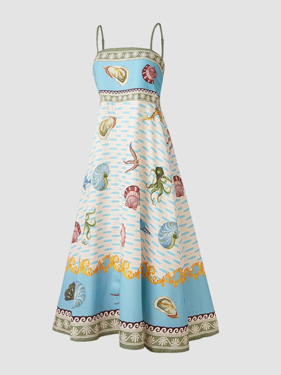 Deniz Yaratıkları Desenli İnce Askılı Midi Elbise