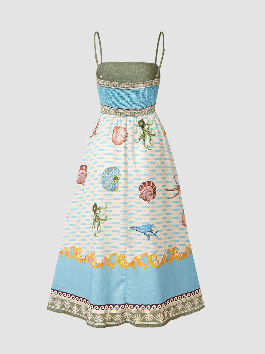 Deniz Yaratıkları Desenli İnce Askılı Midi Elbise