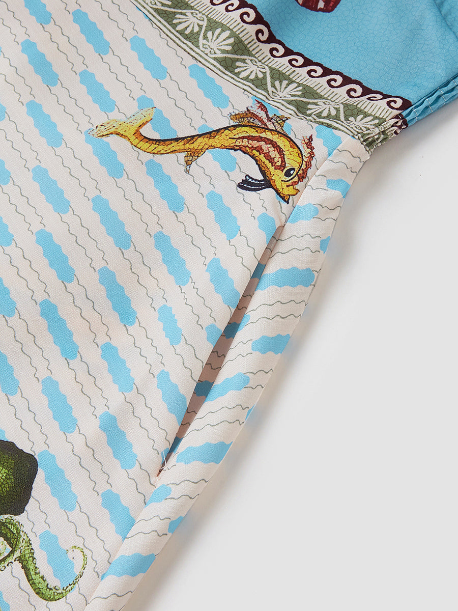 Deniz Yaratıkları Desenli İnce Askılı Midi Elbise