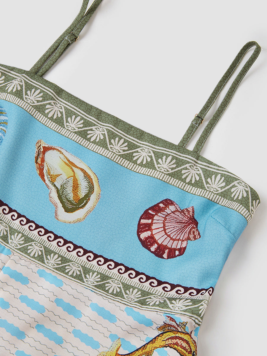 Deniz Yaratıkları Desenli İnce Askılı Midi Elbise