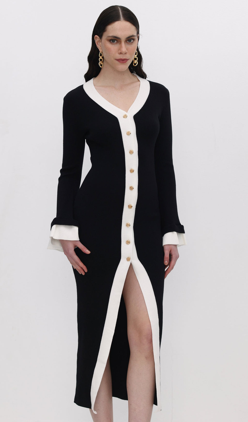 Örme Kontrast Manşetli Uzun Elbise