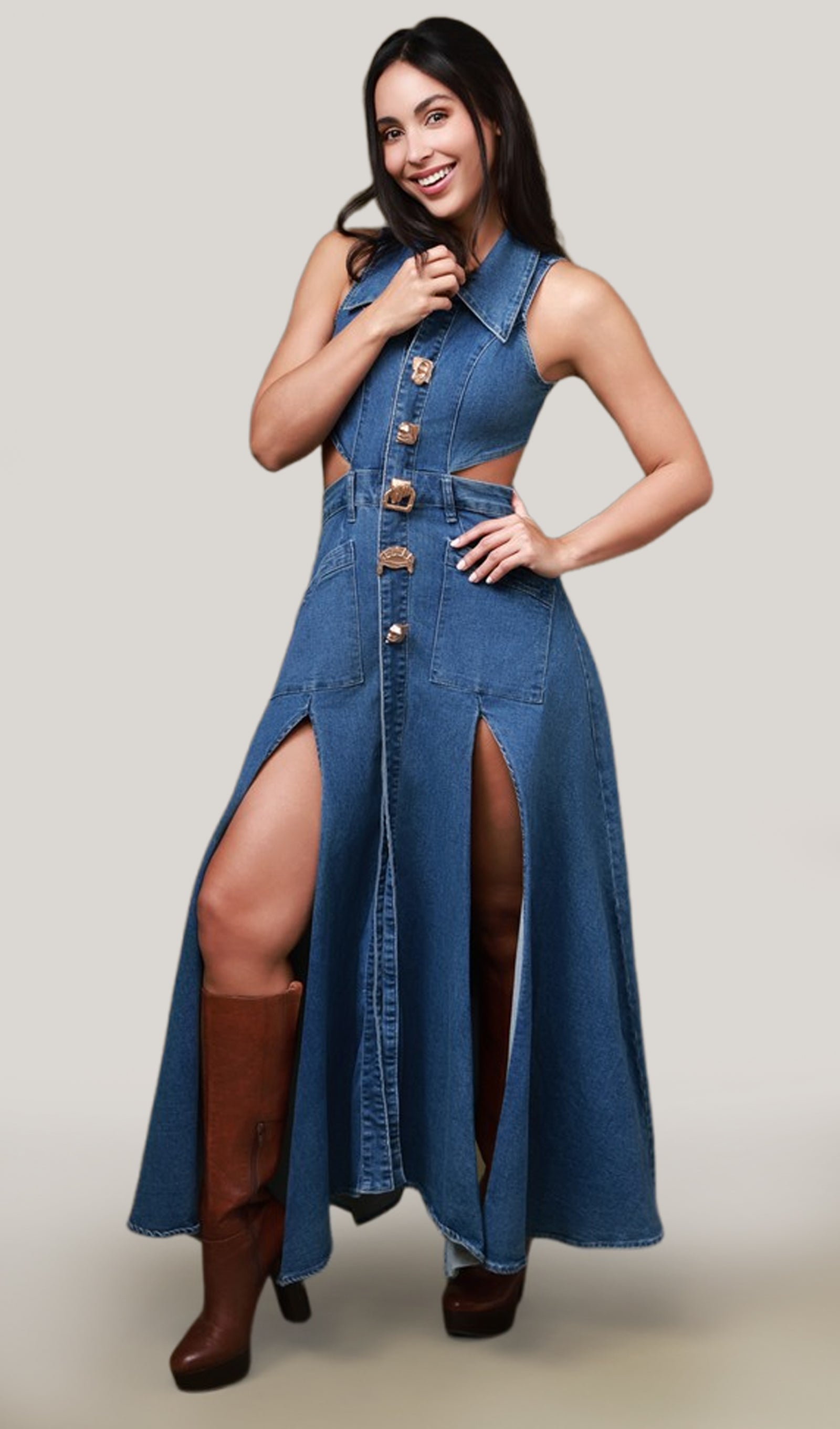 Yaka Kesimli Kot Uzun Elbise