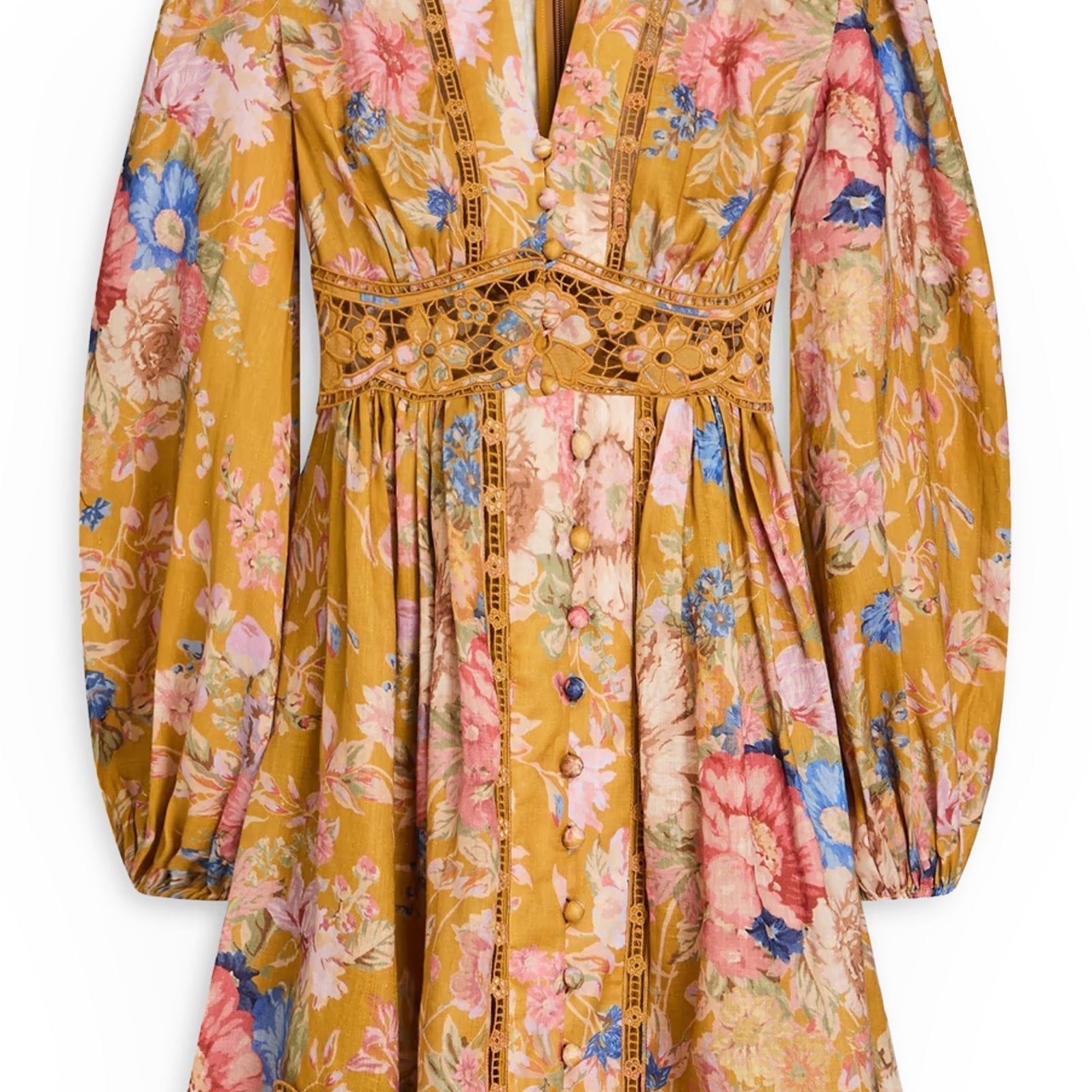 Kafes Kenarlı Çiçek Desenli Keten Mini Elbise