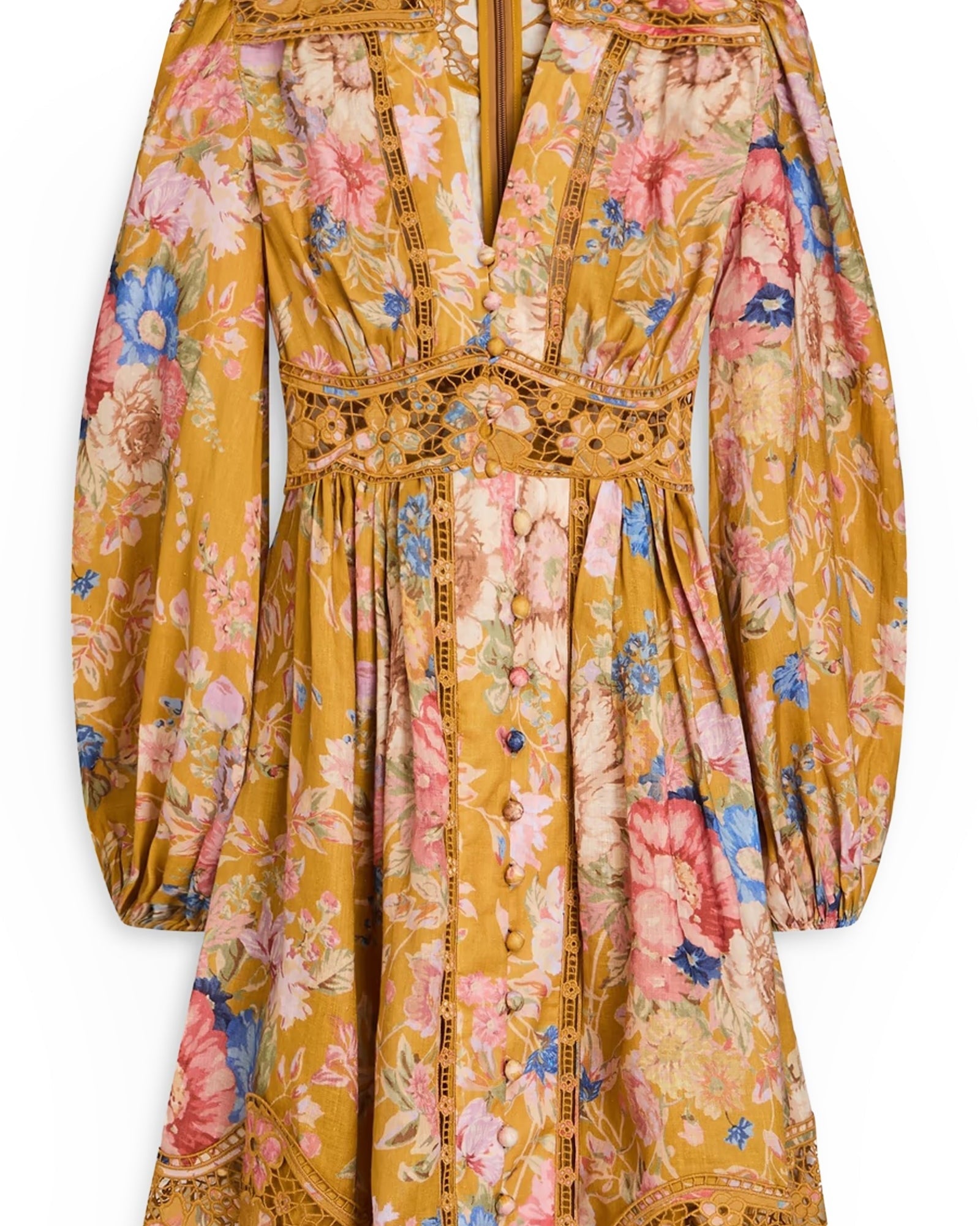 Kafes Kenarlı Çiçek Desenli Keten Mini Elbise